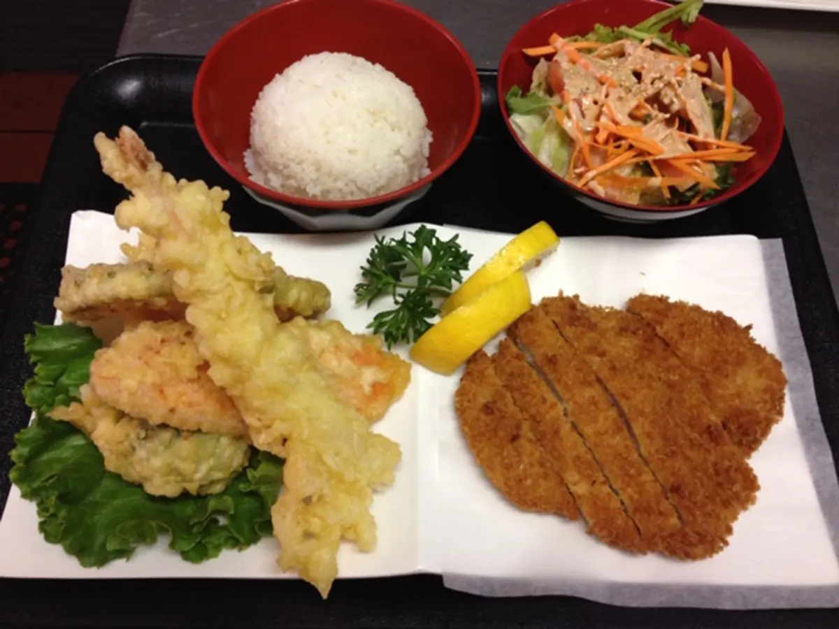 Kitchen-Aloha-Japanese-restaurant-Tempura-Cutlet-Set-San-Francisco Set meal with tempura, breaded cutlet, salad, rice, and lemon at Kitchen Aloha Japanese restaurant in San Francisco